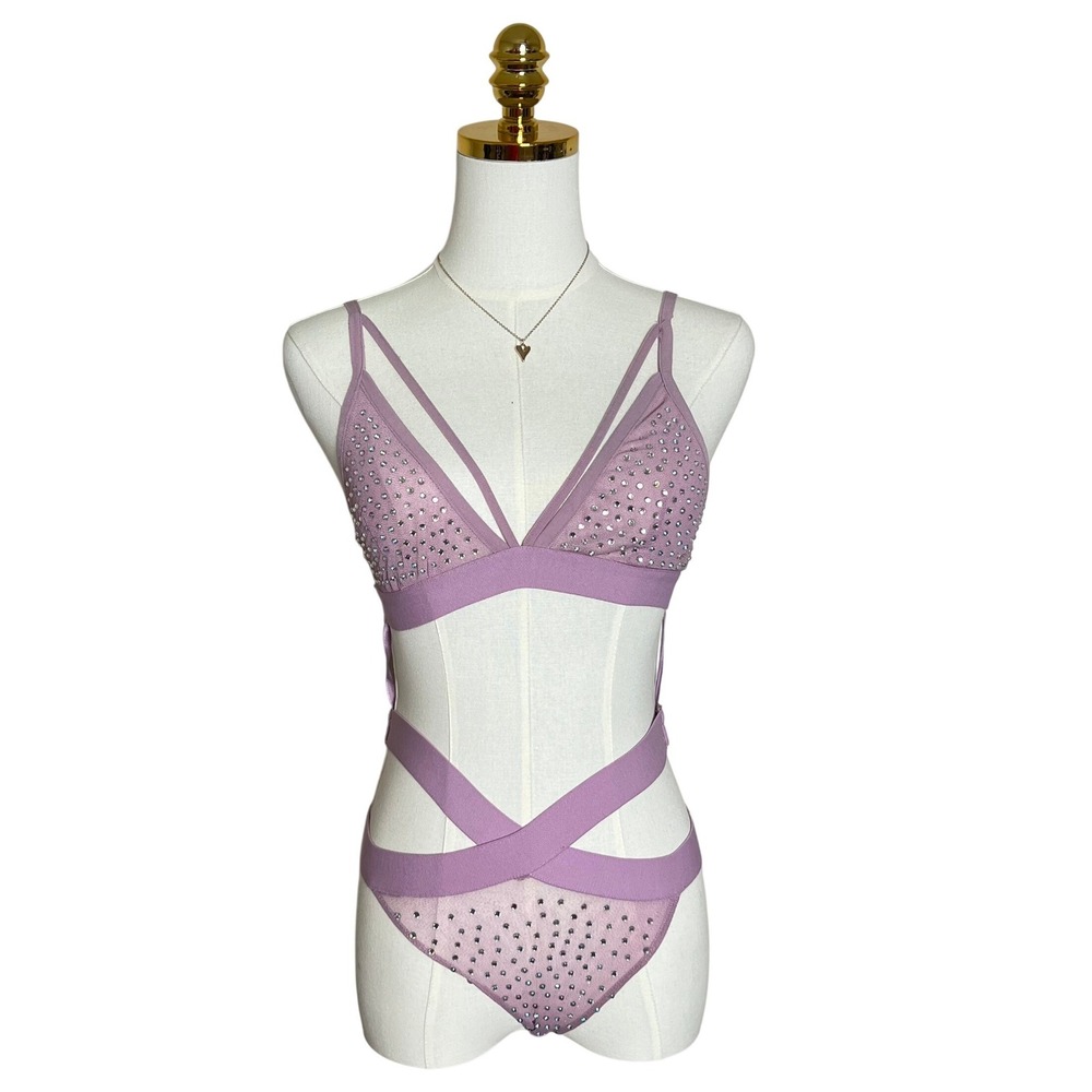 Windsor Lavender Rhinestone Caged Strappy Mesh Bodysuit Purple Small DS417V